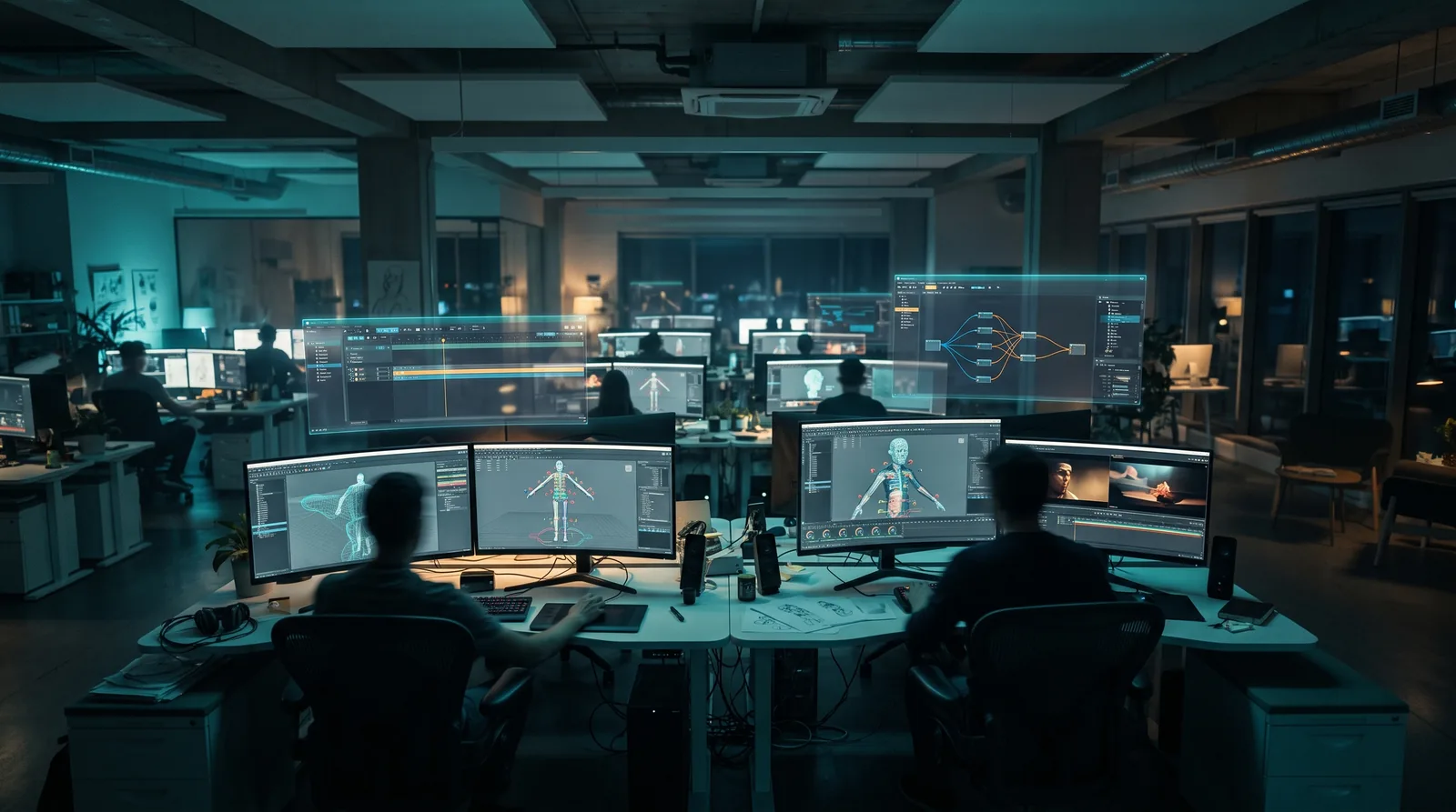 A darkened animation studio floor at night, artists at multi-monitor workstations running rigging, layout and compositing software lit in teal.